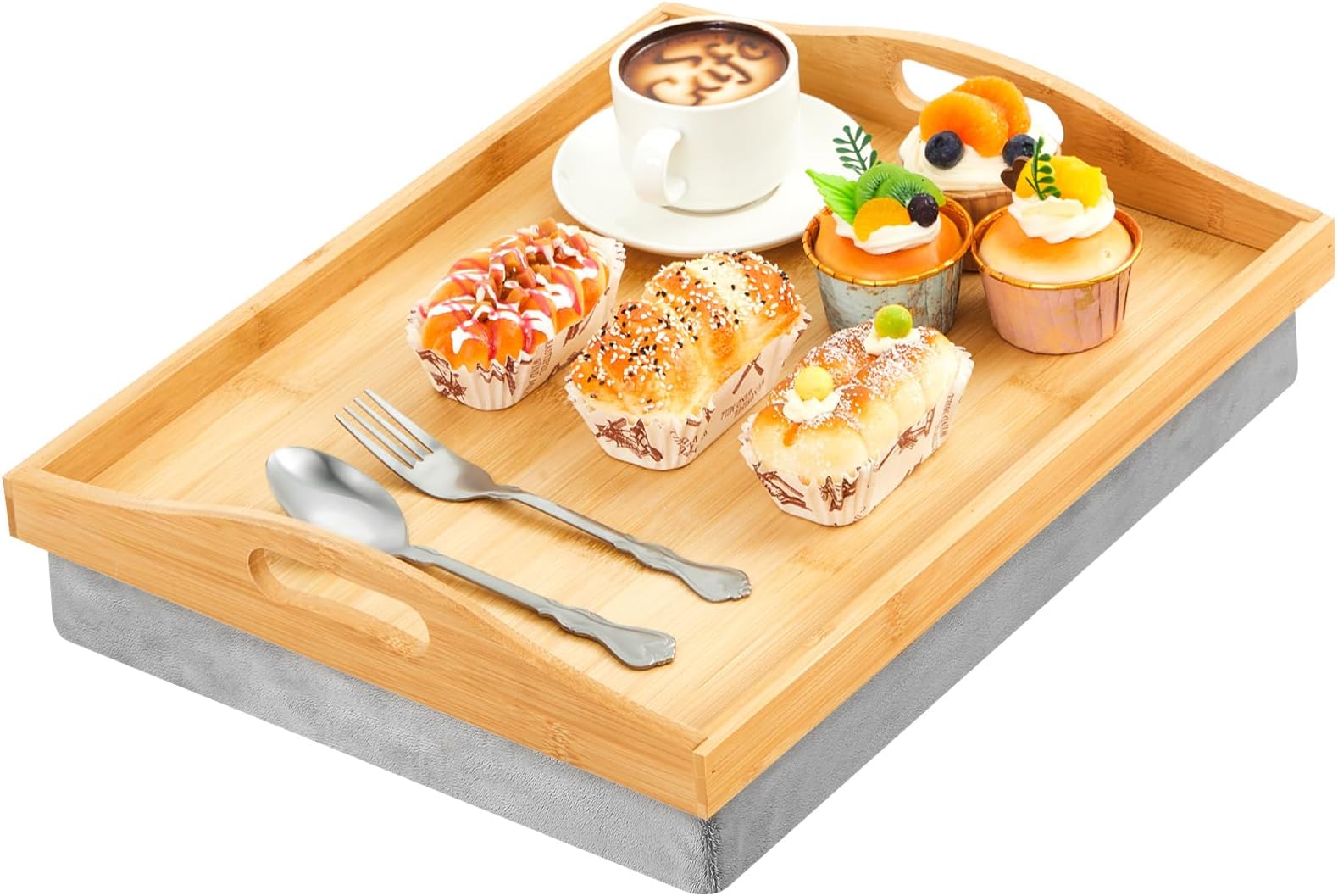 Tioncy 1 Piece Bamboo Lap Tray with Detachable Pillow 16.9'' x 13'' Lap TV Trays Desk with Handles for Adults Eating in Recliner Breakfast Housewarming Gift (Wood)