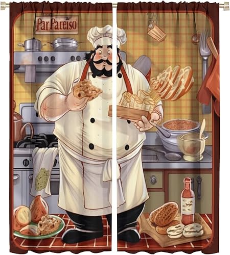 Miniatura 9 de Cortina de decoración de cocina de chef, retro gourmet de dibujos animados, chef gordo de cocina, patrón de comida gourmet, decoración del hogar,