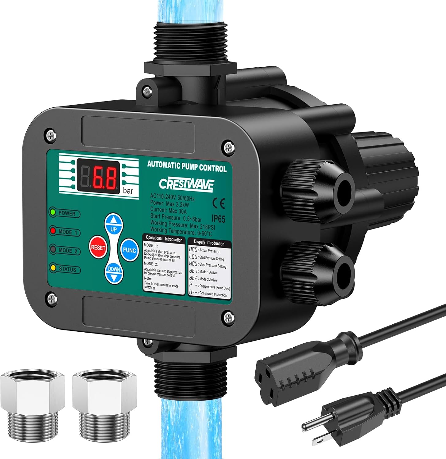 Smart Adjustable Pressure Switch for Well Pump, Automatic Water Pumps Switch, Dry-running Protection for Submersible/Shallow Well/Garden/Jet/Self-priming Pump, Power&Pump Cable Included, NPT1″&G1″