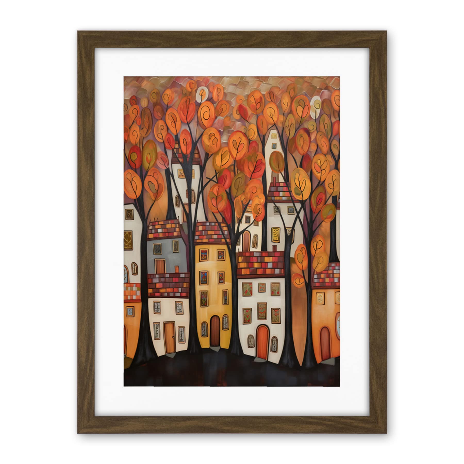 Artery8 Cityscape With Trees In Autumn Contemporary Folk Art Painting Artwork Framed Wall Art Print 18X24 Inch