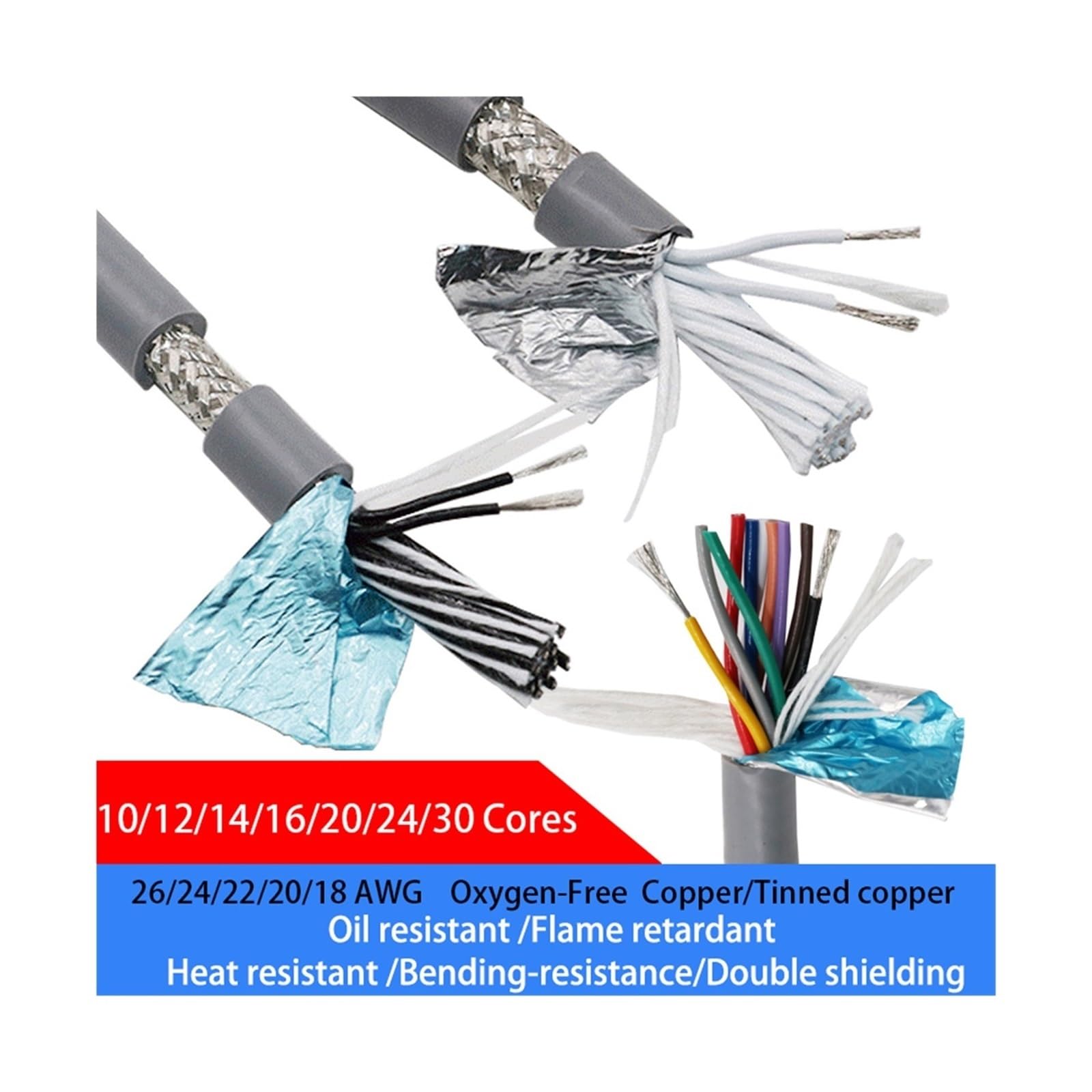 Cavo da traino a doppia schermatura TRVVP, 18/20/22/24/26AWG | Filo di rame grigio resistente al calore 10-30 conduttori,(30 Cores 1Meter,26 AWG 0.15mm)