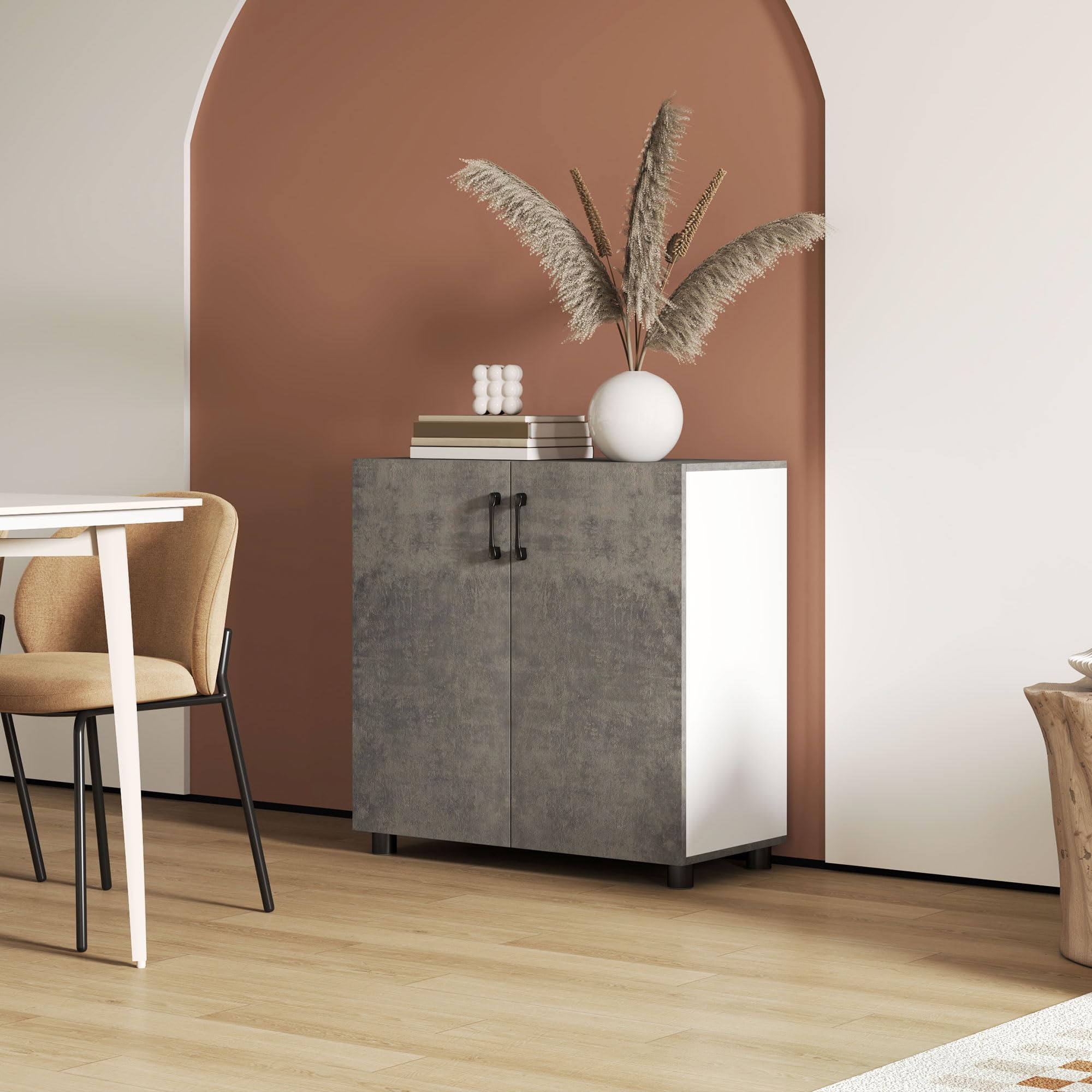 HOMCOM Aparador de 2 Puertas de Cierre Suave Aparador de Salón con Estante Mueble Auxiliar para Cocina Dormitorio Entrada 80x37x80 cm Gris Cemento y Blanco Brillo