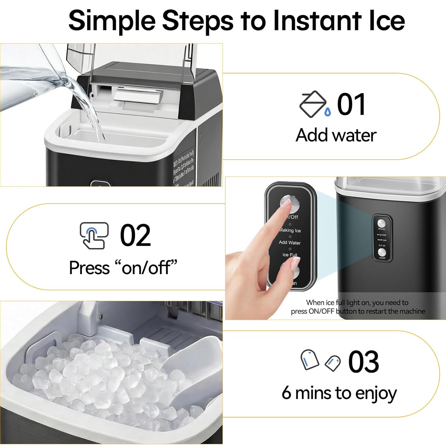 NEWBULIG Nugget Ice Makers Countertop, Portable Nugget Ice Machine, Ready in 6 Mins, 24lbs in 24Hrs, Auto-Cleaning, with Basket and Scoop, for Home, Kitchen, RV, Camping, Black