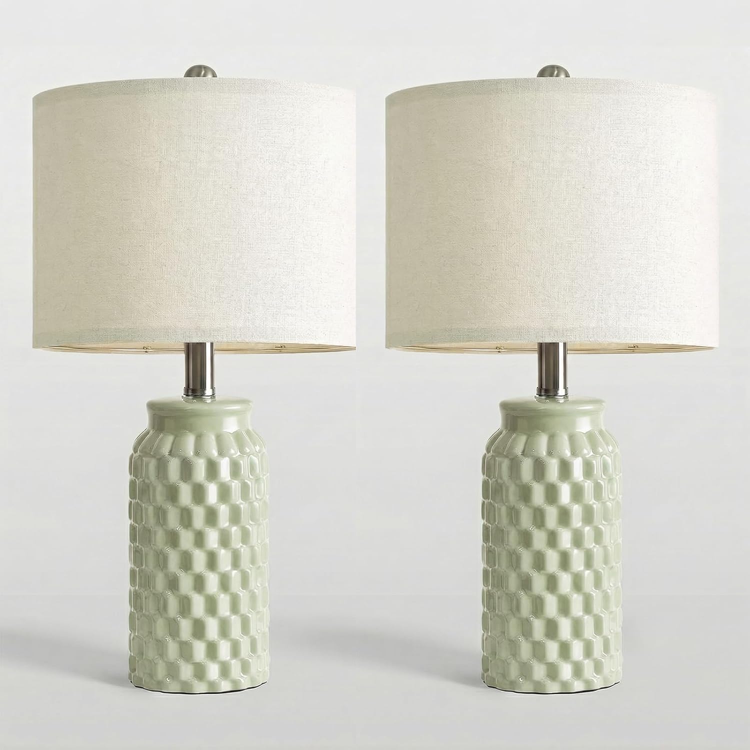 20.5" Set of 2 Bedside Table Lamps Modern Green Honeycomb Ceramic - Linen Shade, E26 Knob Switch for Living Room, Bedroom & Nightstand