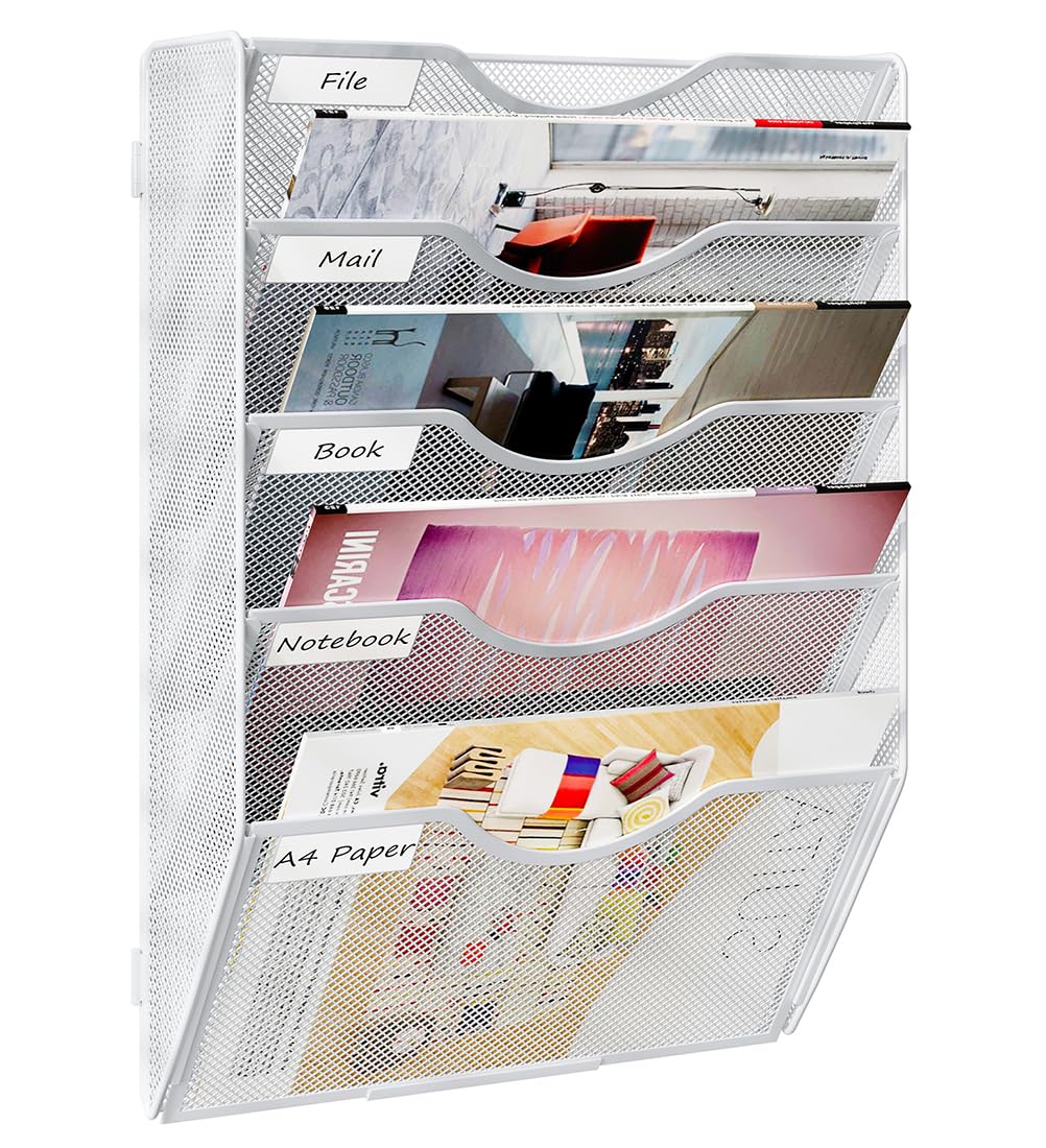 PAG Hanging Wall File Holder, 5 Tier Mail Sorter for Wall, Mesh Office Wall Organizer For Papers/Folders/Files Clipboard & Magazine, White