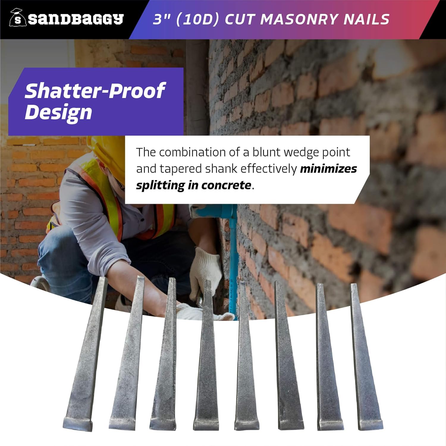 Sandbaggy 3 inch (10D) Square Cut Masonry Nails for Concrete, Brick, Mortar - 1/2" Wide Flat Heads - Construction, Cement, Brick Walls (200)