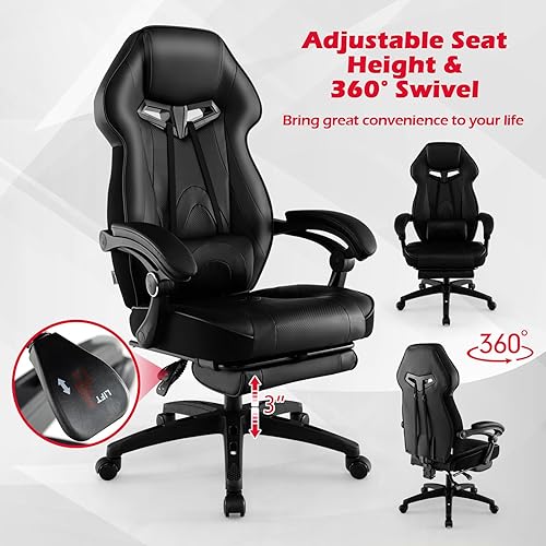 Vista 9 de Giantex Silla de juegos con reposapiés para adultos, silla reclinable de videojuegos con soporte lumbar, silla ergonómica de computadora de oficina
