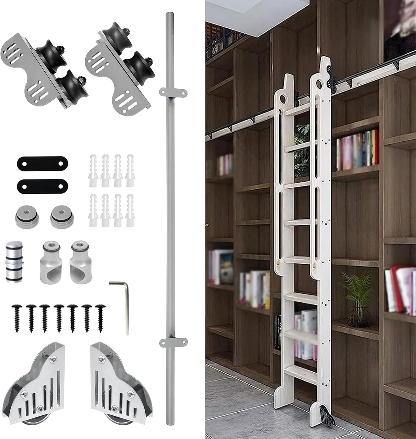 Retractable Sliding Library Ladder Hardware Kit, 1m 120cm 2m 3.6m 4m 5m 600cm Rolling Track System with Braking Floor Rollers, Ladder Not Included(16ft/500cm Track kit)
