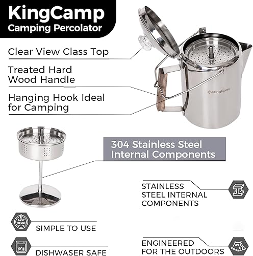 Miniatura 3 de KingCamp Percolator - Cafetera de acero inoxidable 304 con mango de madera para acampar al aire libre, cabina, caravana, cocina, caza y mochilero,