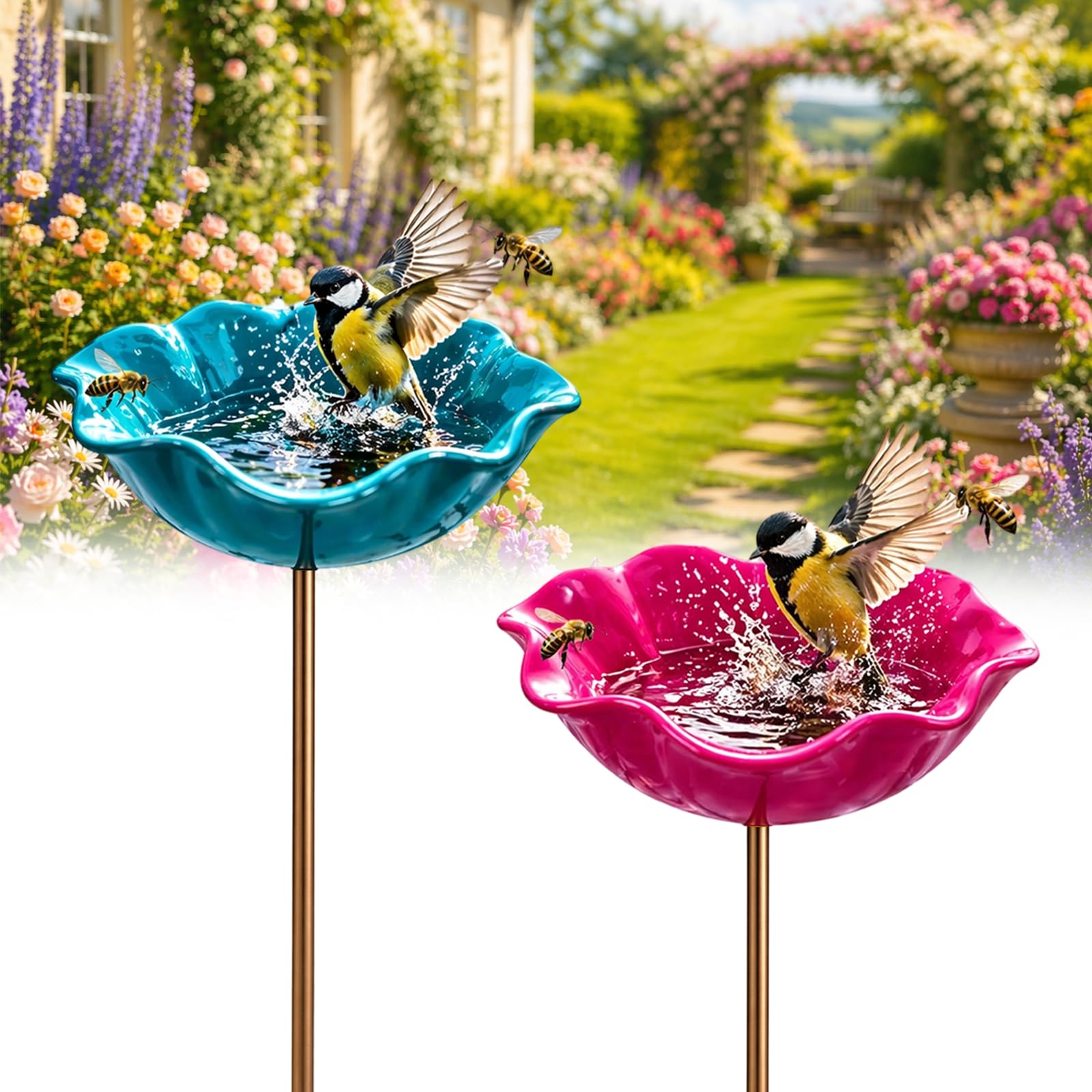 Handmade Metal Flower Garden Stake Bird Bath Bowl - Weather-Resistant Bee Watering Station & Flower Bird Feeder, Decorative Outdoor Metal Flowers for Yard Lawn Patio Decor (2Pcs-D)