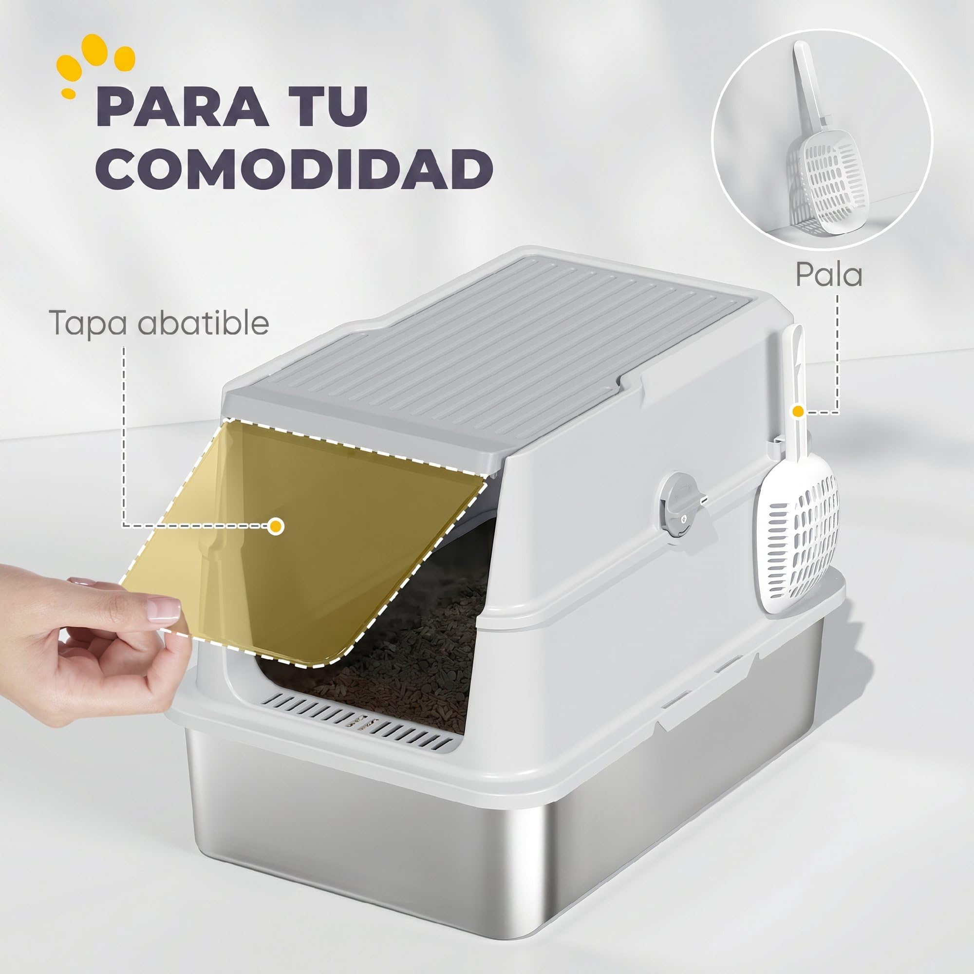 PawHut Arenero para Gatos de Acero Inoxidable XL Borde Alto Gris Claro