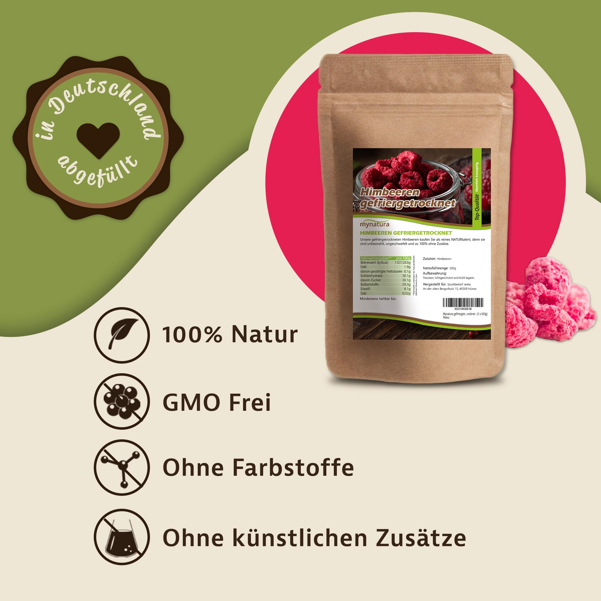 Mynatura gefriergetrocknete Himbeeren I Früchte I Trockenobst I Raspberry I Müsli - schonend getrocknet - (2 x 500g)