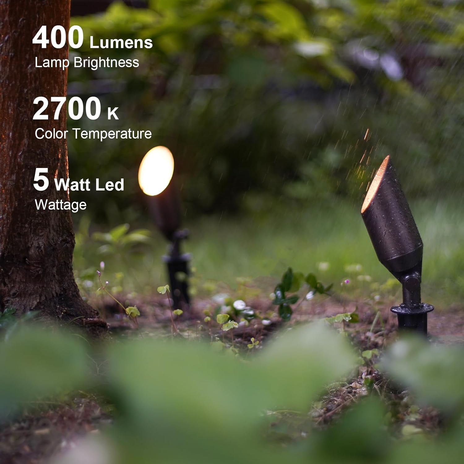 GOODSMANN Low Voltage Brass Landscape Spotlights 2PK 5W LED Outdoor Floodlights 2700K Warm White Replaceable LED Bulbs Outside Hardwired Lighting with Metal Stakes