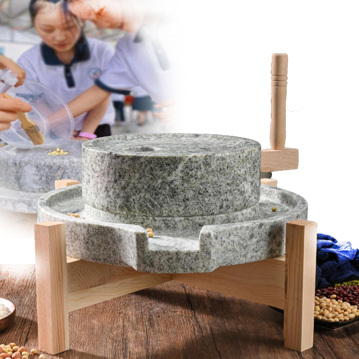 Handcrafted Natural Stone Mill - Manual Grinder for Coffee, Chili, Wheat and Spices, Versatile Dry/Wet Grinding with Wooden Frame(35*45cm)