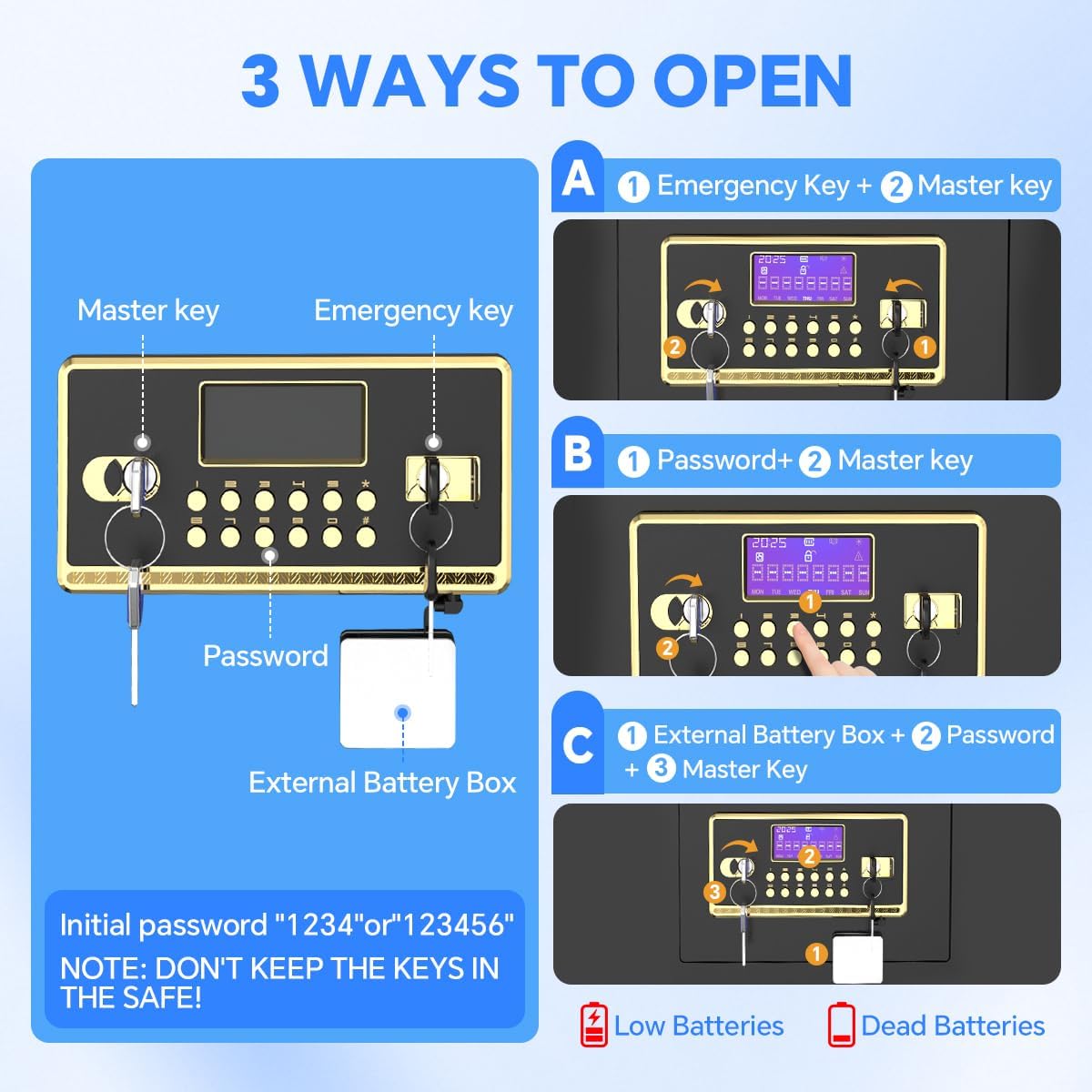 Home Safe with Digital Keypad & Alarm System - Electronic Lock Box for Jewelry Cash with Adjustable Shelves - Includes LED Light & Fireproof and Waterproof Bag(0.8/1.0/1.3/1.53/2.5Cuft)