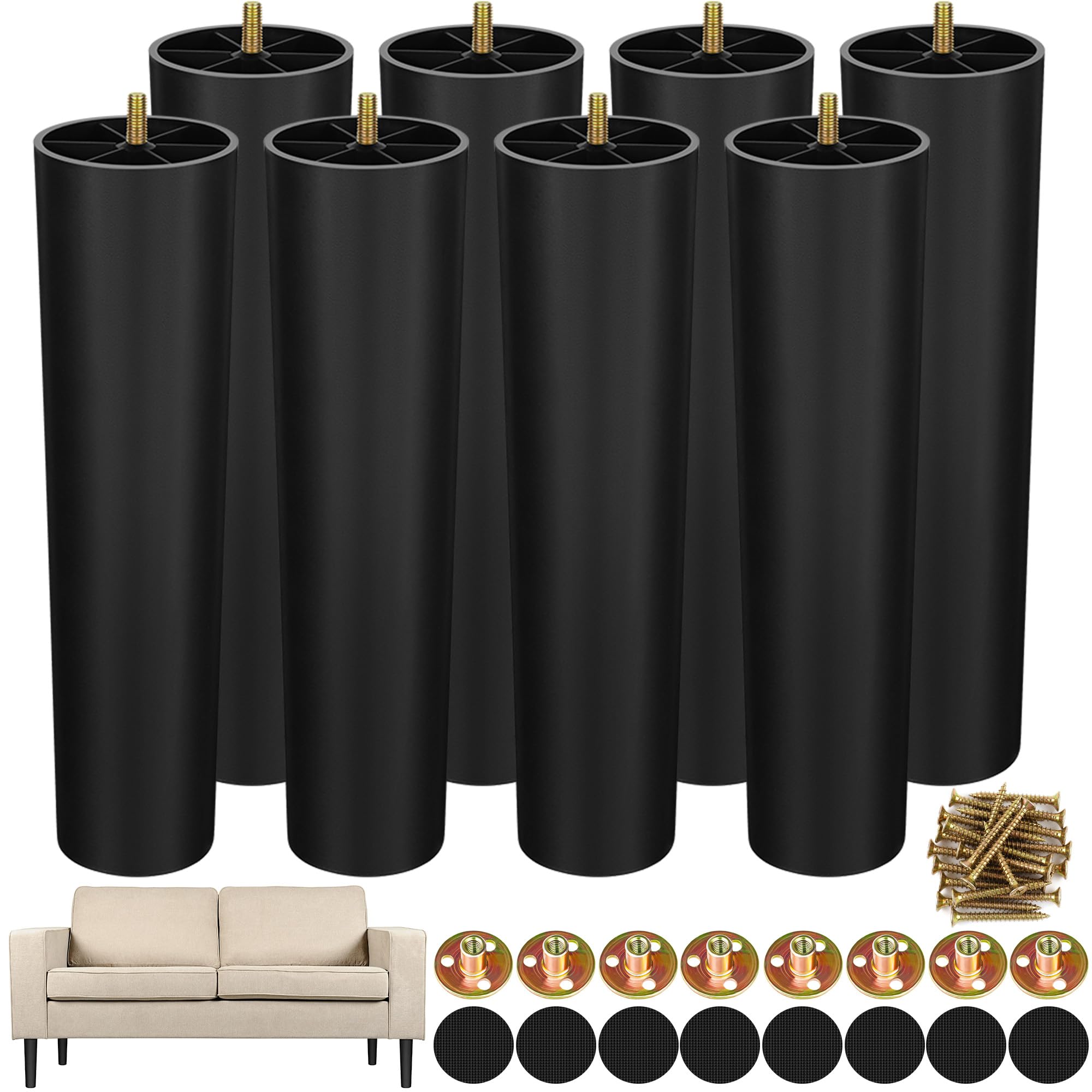 TURSTIN 8 Pack 9.8 Inch Plastic Furniture Legs with M8 T-Nuts Screws — image 1