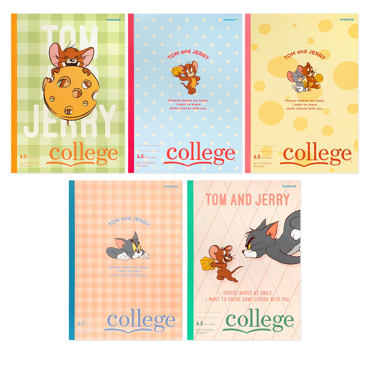 Kyokuto U18905 Lot de 5 carnets de notes Tom et Jerry, Cheese Party, semi-B5, règle de 6,5 mm, assortiment