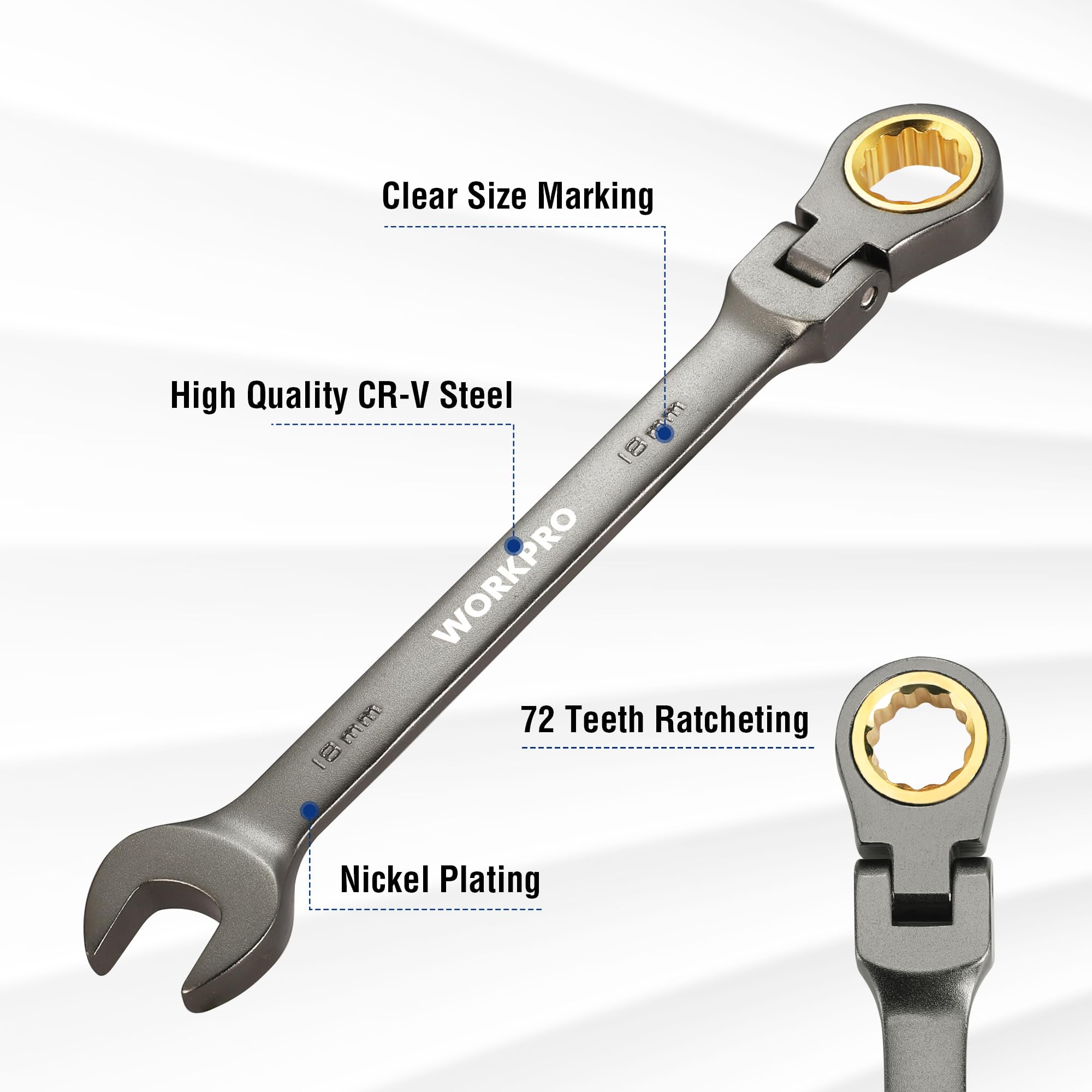 WORKPRO 18 mm Flex-Head Ratcheting Combination Wrench, Cr-V Constructed, Nickel Plating, 72-Teeth, 12 Point Design, Metric