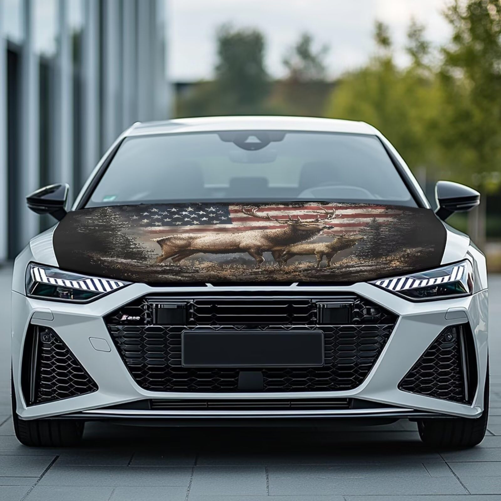 Qiyupavto Deer American Flag Hood Cover for Car SUV Sedan Truck Waterproof Elastic Polyester Car Hood Protector Patriotic — view 2