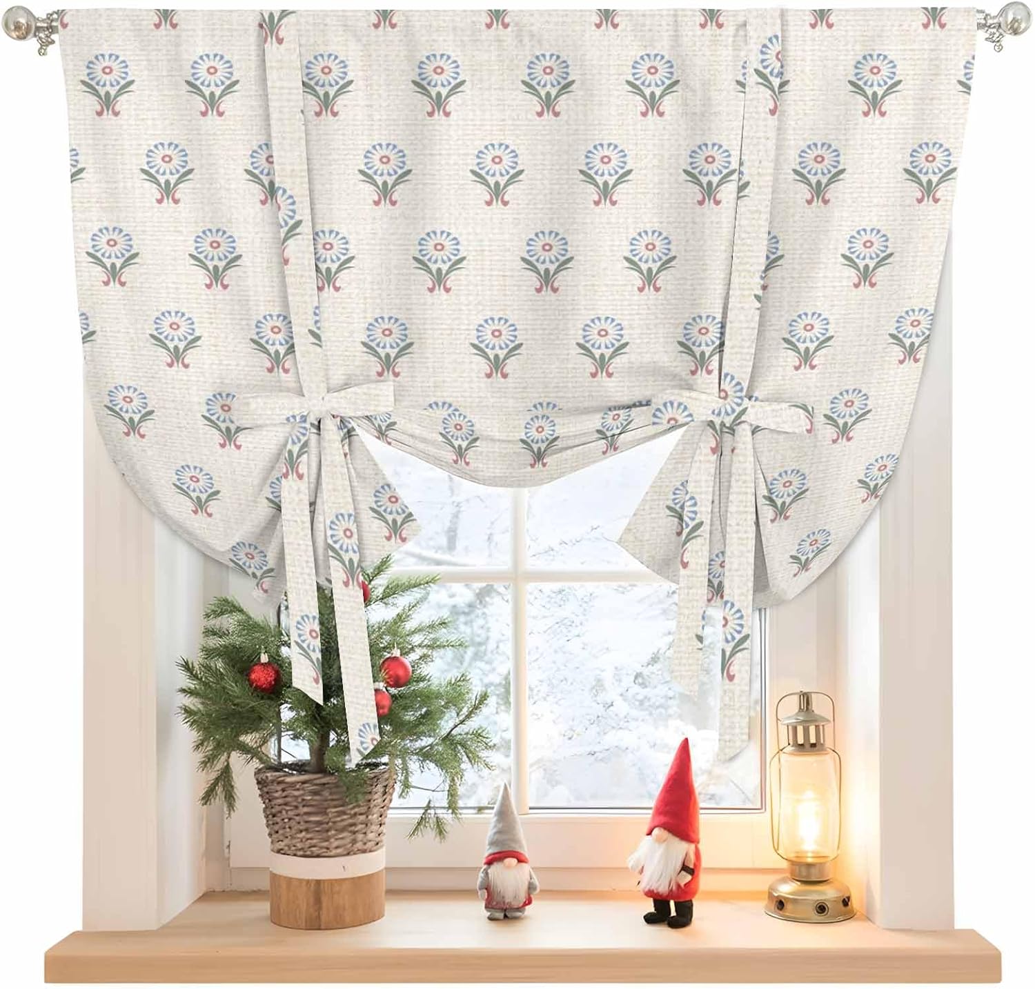 Bohemia Tie Up Curtains for Windows 63 Inch Length Balloon Curtains Kitchen Adjustable Balloon Window Shade Modern Abstarct Floral Flowers Boho Beige Tie Up Valance Bathroom Curtain Window 52"x63"