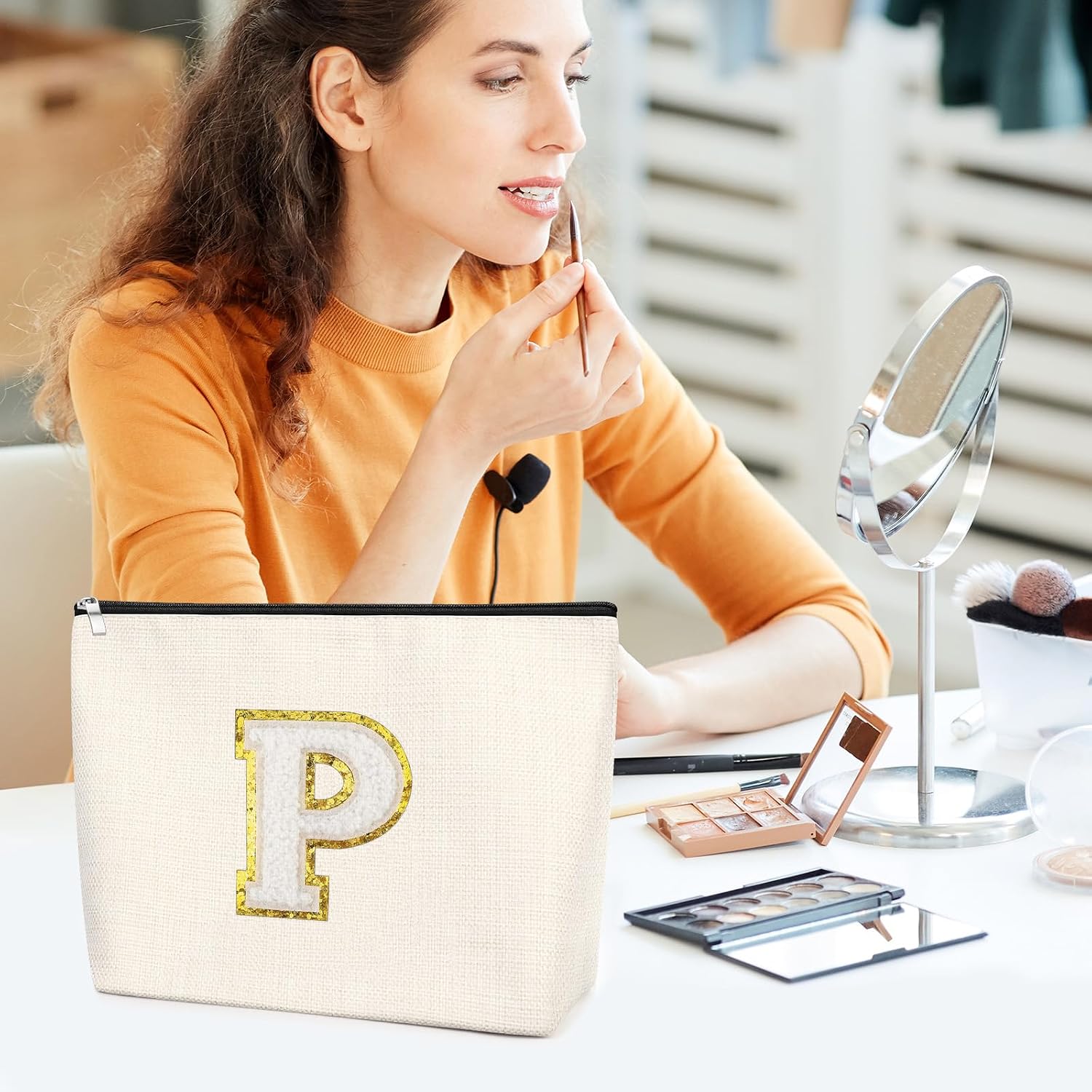 Initial Makeup Bag for Women Personalized Gifts for Bride Bridesmaid Friend Graduation Teachers Day Christmas Birthday Gifts for Daughter Sister Aunt Cosmetic Bag Initial A-Z Travel Pouch (Letter P) image 5