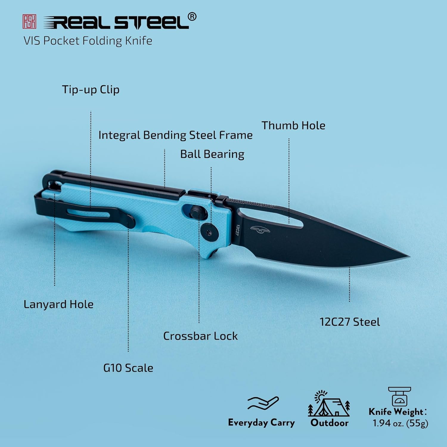 REALSTEEL VIS Pocket Knife, Folding Knife, Crossbar Lock, 2.72" Small 12C27 Steel PVD Black Blade, Thumb Hole, G10 Handle, 1.94oz, Pocket Clip, Versatile Outdoor Indoor EDC Knife, Gifts for Men Women Camping Hiking Fishing Climbing (Blue G10/Black)