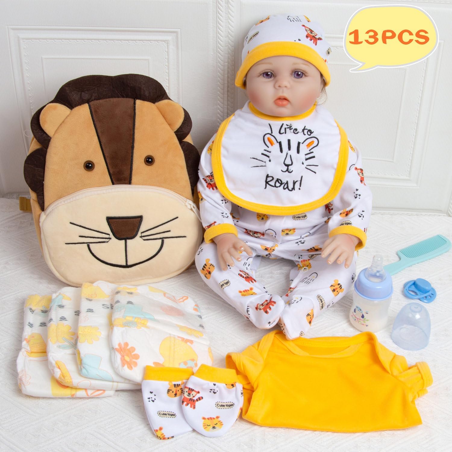 13 Pcs Reborn Baby Doll Accessories Boy 17-22 Inch Reborn Baby Clothes with Backpack Newborn Doll Outfit Diapers Cute Yellow Tiger Design