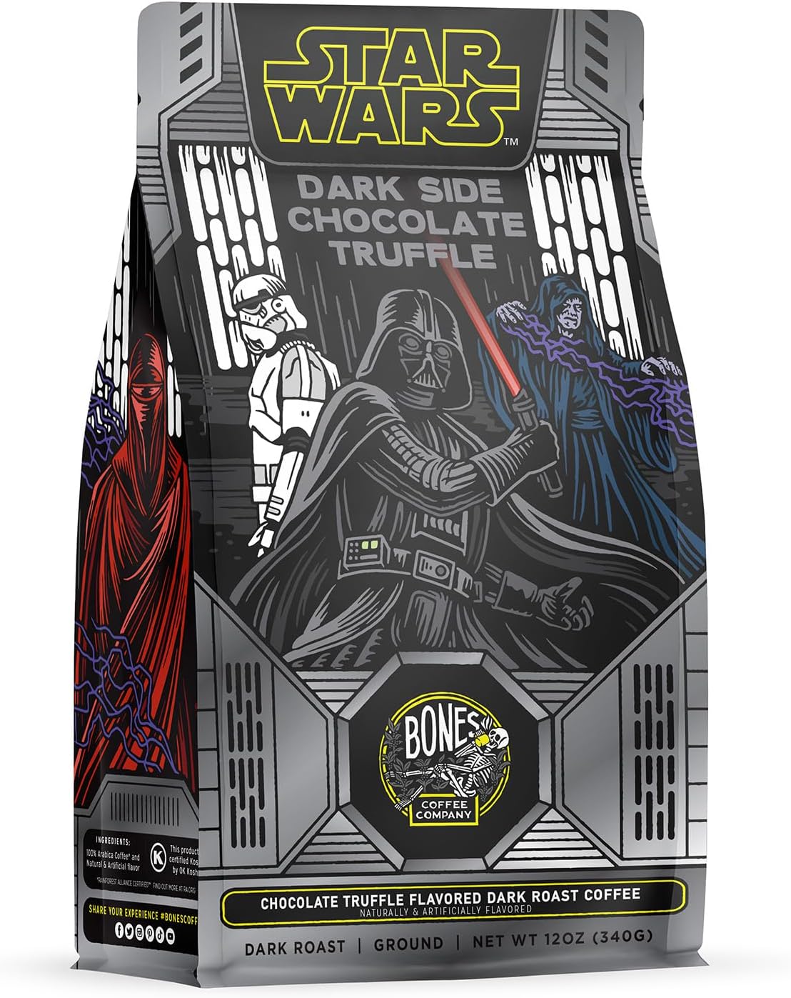 Bones Coffee Company Dark Side Chocolate Truffle Ground Coffee Beans Chocolate Truffle Flavor | 12 oz Flavored Coffee Dark Roast Gourmet Star Wars Inspired Coffee (Ground)