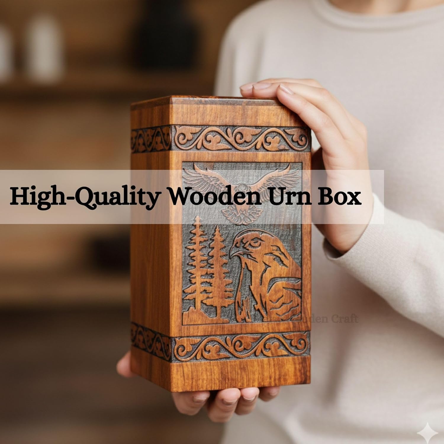 Wooden Urn for Human Ashes Adult Male/Women - Rosewood Funeral Cremation Urn for Ashes - Eagle Wooden Urns Hand-Crafted (L (11X6) 250 Cu/Inch)