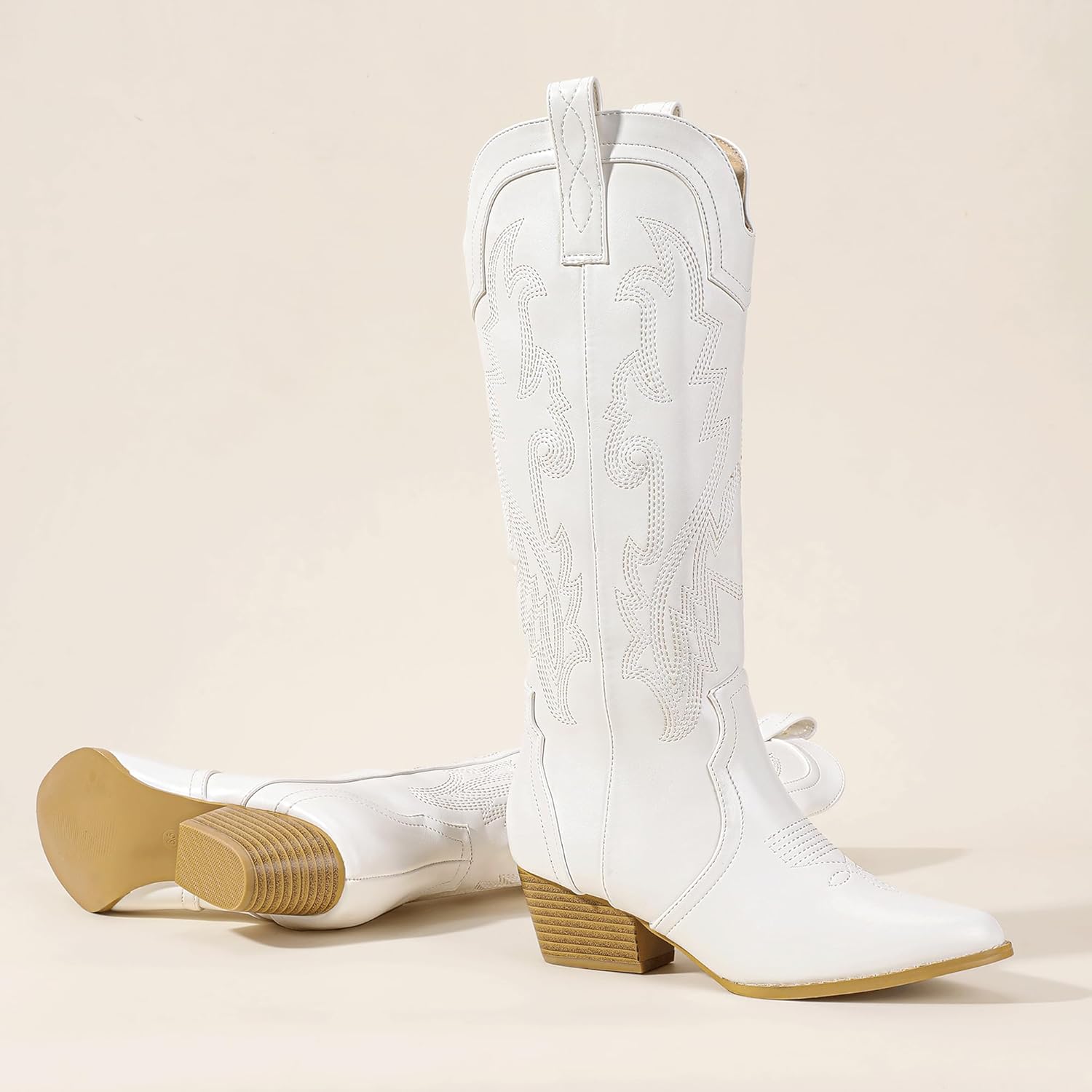 IDIFU IN2 Cowboy Boots For Women Cowgirl Knee High Western Tall Boots Chunky Low Pointed Toe Heel Boots Fashion Booties for Women Embroidered Wedding Country Concert Boots - Image 6