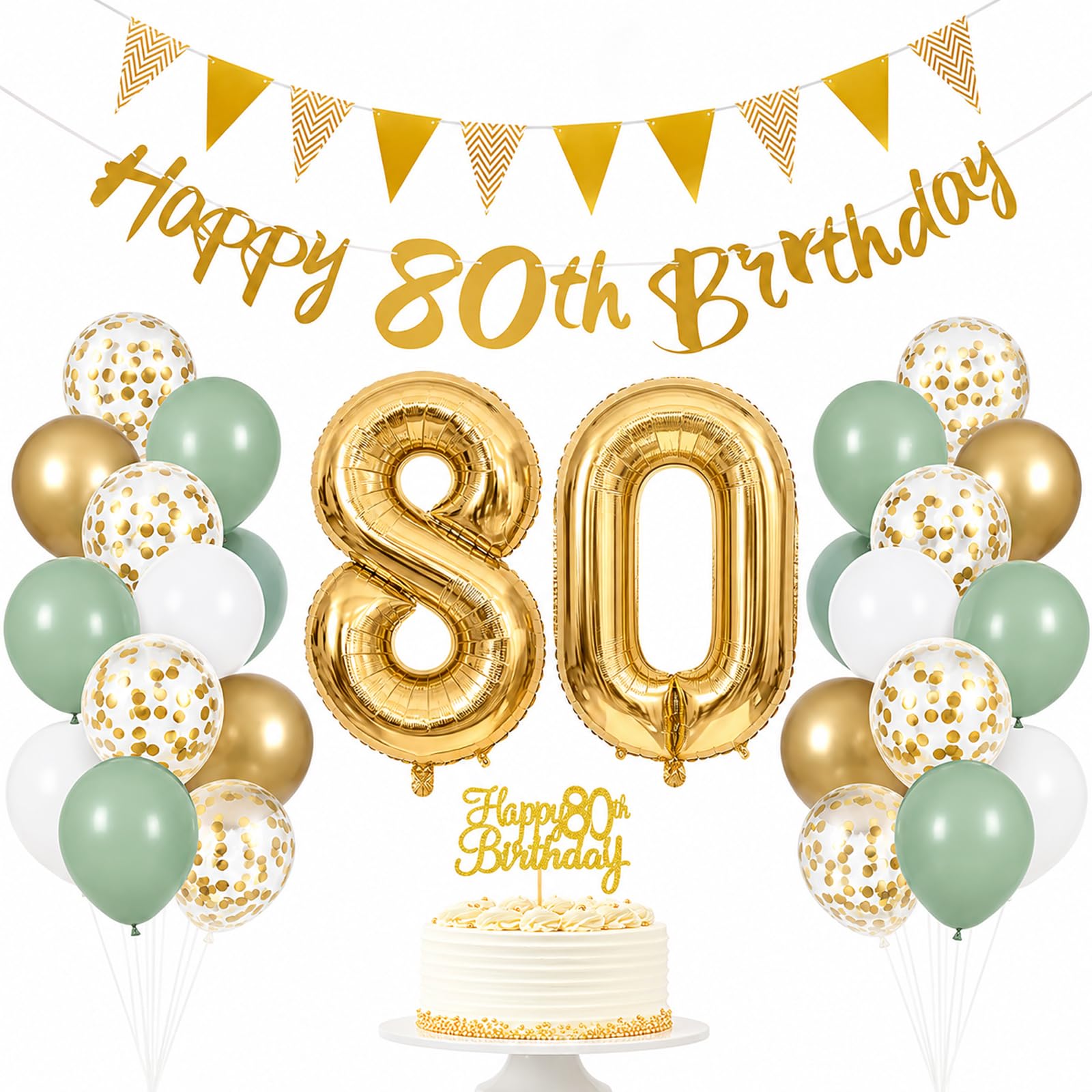Bolosa 80th Birthday Decorations, Sage Green Gold Party Decor with Number 80 Balloons, 29 Pcs 80th Birthday Banner, Bunting & Cake Topper, for Women and Men, Mum, Dad, Grandma, Grandad Set