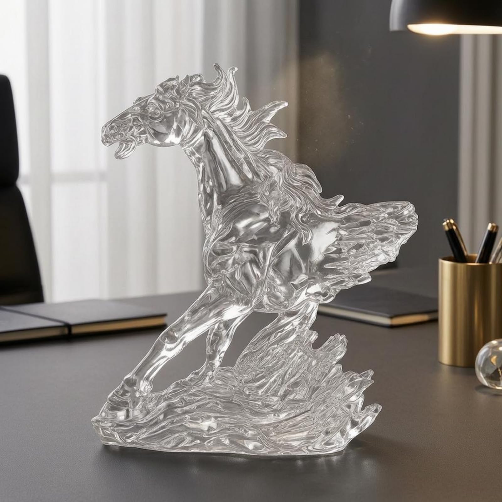 F Fityle Estatua Caballo Resina Escultura Figurilla Ornamento Decorativo Aspecto Similar al Cristal con Postura Erguida y Detalle en la Peana Adecuada para Sala Oficina Entrada Estanterías, Gris