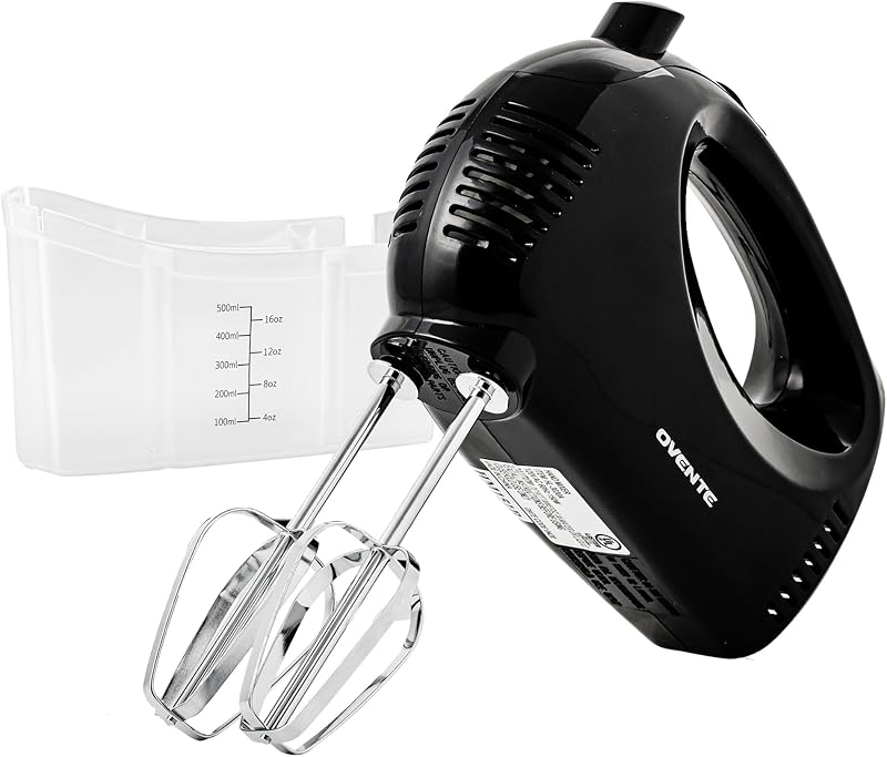 OVENTE 5-Speed Electric Hand Mixer with Storage Case,150W, Black HM151B | Stainless Steel Whisks, Compact Portable Design, Lightweight Handheld Mixer for Baking & Cooking