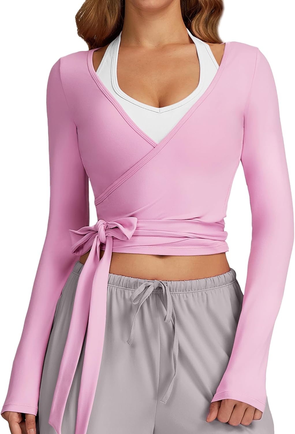 Aivtalk Wrap Top for Women Long Sleeve Deep V Neck Cross Tie Workout Ballet Pilates Yoga Shirt Ballerina Blouse