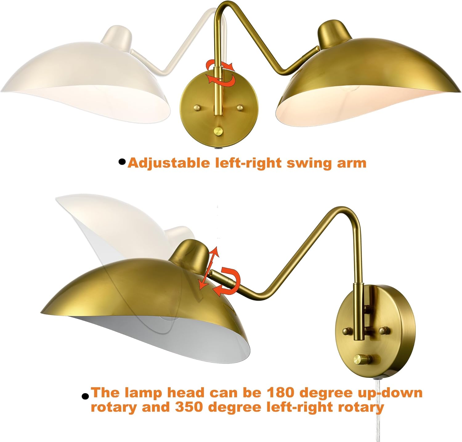 Plug-in Wall Sconce Gold Swing Arm Wall Sconce Brass Wall Lamp with on/Off Switch for Bedroom Set of 2