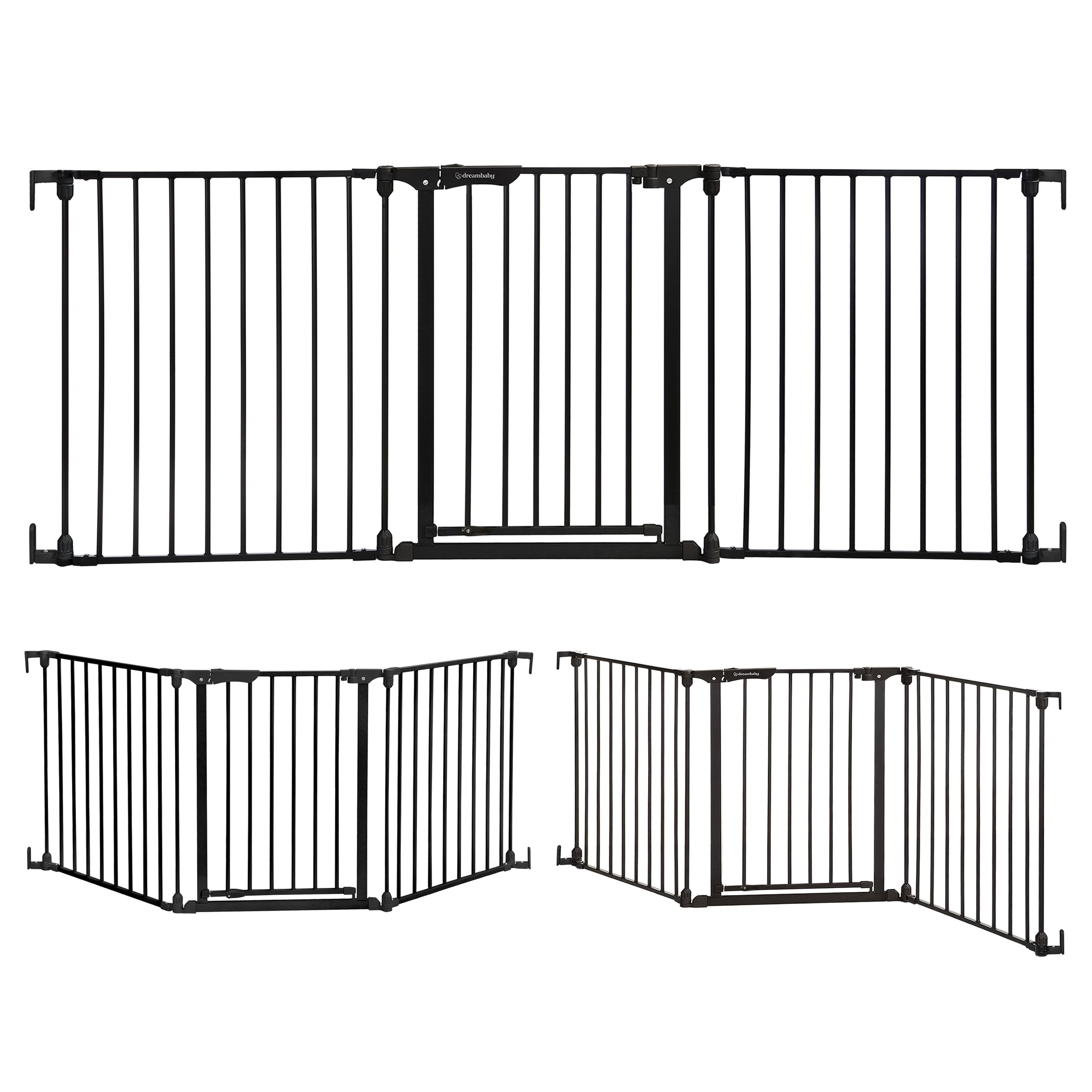 Dreambaby Discovery Metal Baby Gate - 1.95m Extra Wide 3 Panel Walk Through Door for Angled Openings, Configurable for Stairs and Hallways, 74cm High