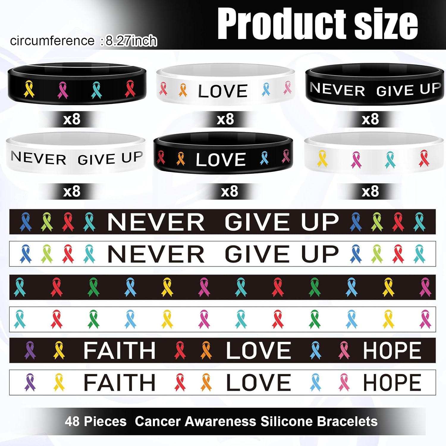 48 Pieces Cancer Awareness Silicone Bracelets Bulk, All Cancer Prevention Bracelets Ribbons for Childhood Ovarian Breast Patients Family Friend Gift, Public Activity Fundraising Supplies - Image 2