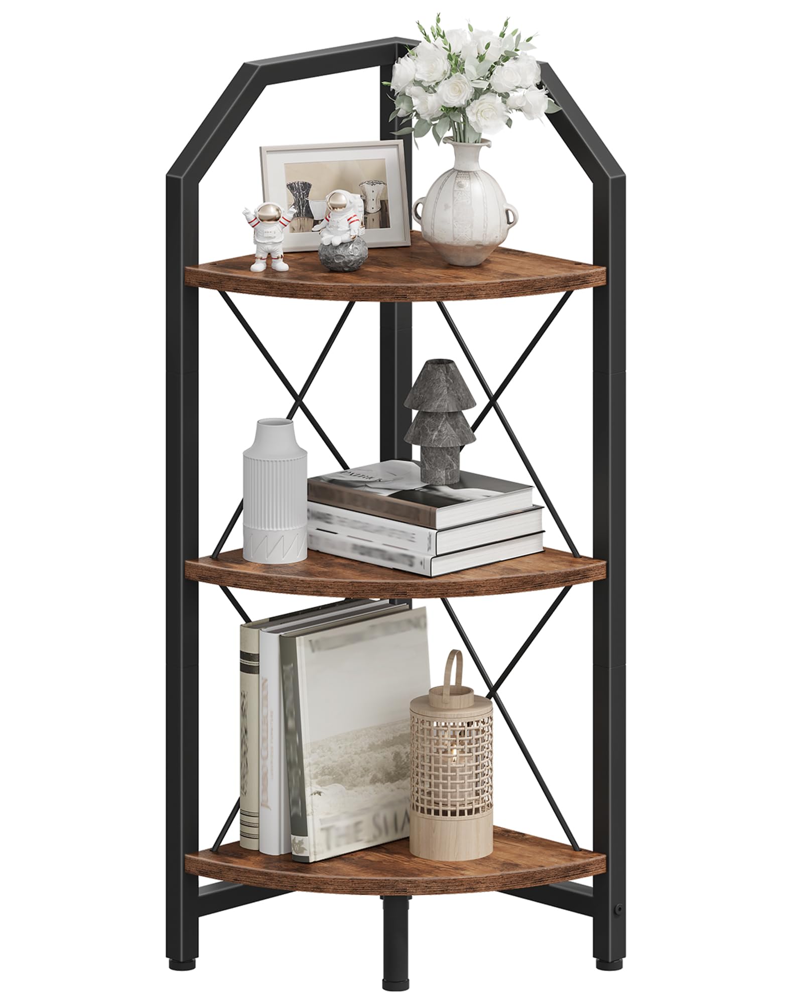 CHOEZON 90cm Corner Shelf, 3-Tier Industrial Style Corner Bookshelf, Corner Storage Stand, Dispaly Stand, Plant Stand, Easy Assembly, for Bathroom, Living Room, Rustic Brown and Black DTCJ03BF