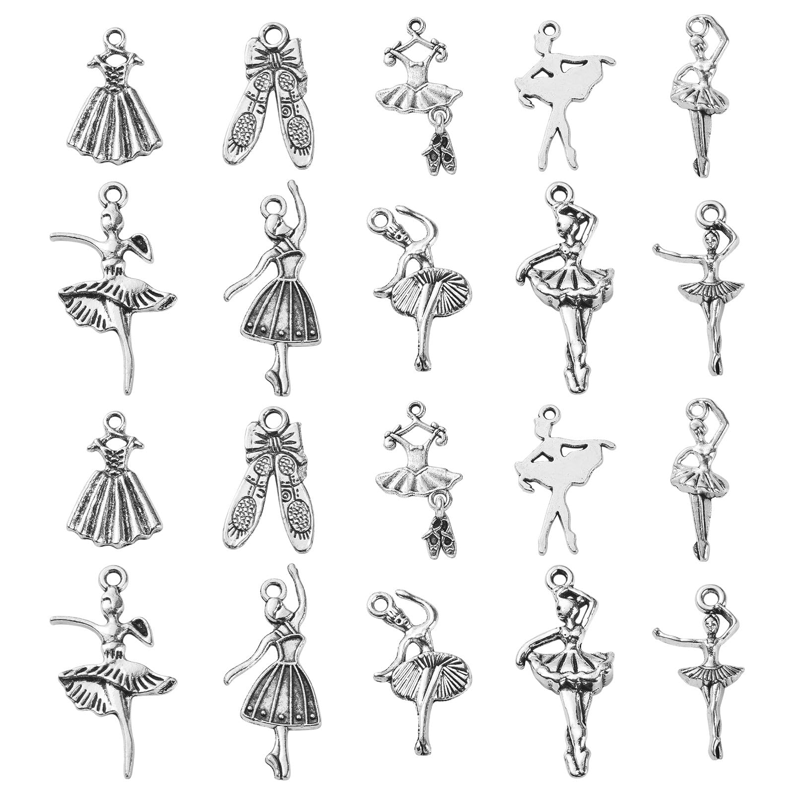 Stiesy 100Pcs 10 Styles Ballet Dancer Tibetan Silver Charms Antique Ballerina Pendant Charm Vintage Ballet Dress Charms for Jewellery Making Crafting