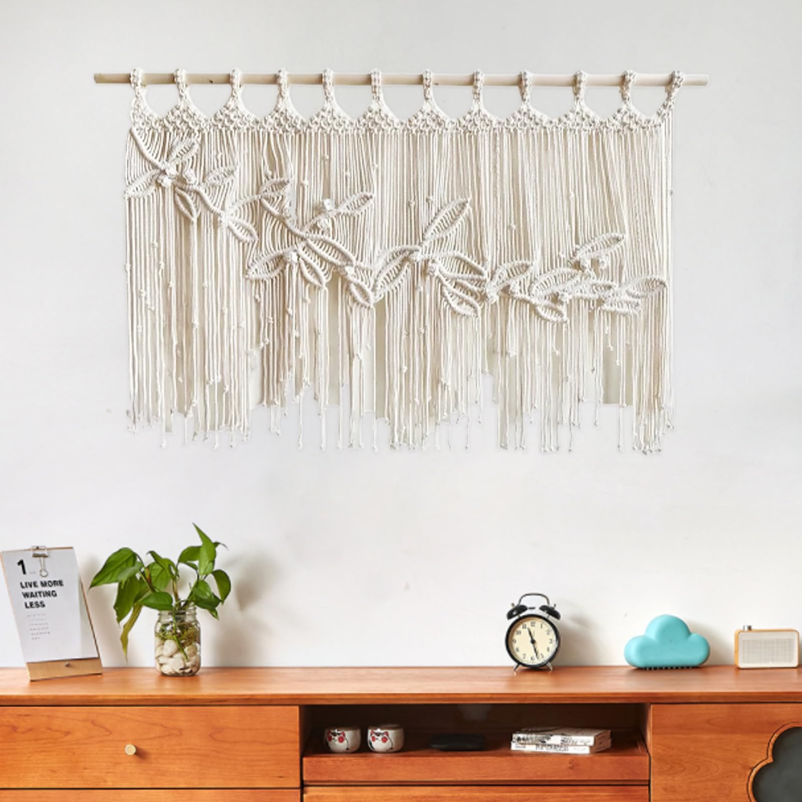 Rideaux en macramé avec perles de bois tissées, tenture murale, rideau de porte court pour une utilisation en extérieur, 100 x 80 cm, motif libellule séparateur de pièce décoratif
