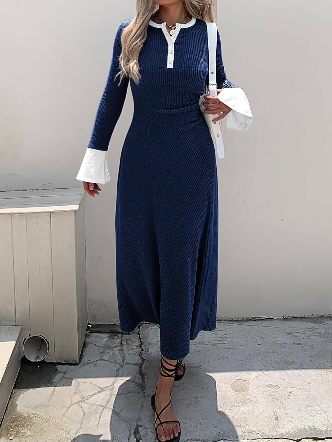 Womens Sweater Dress V Neck Ribbed Maxi Dress Long Bell Sleeves Button Down Slim Fit Bodycon Casual Knit Dress - Image 3