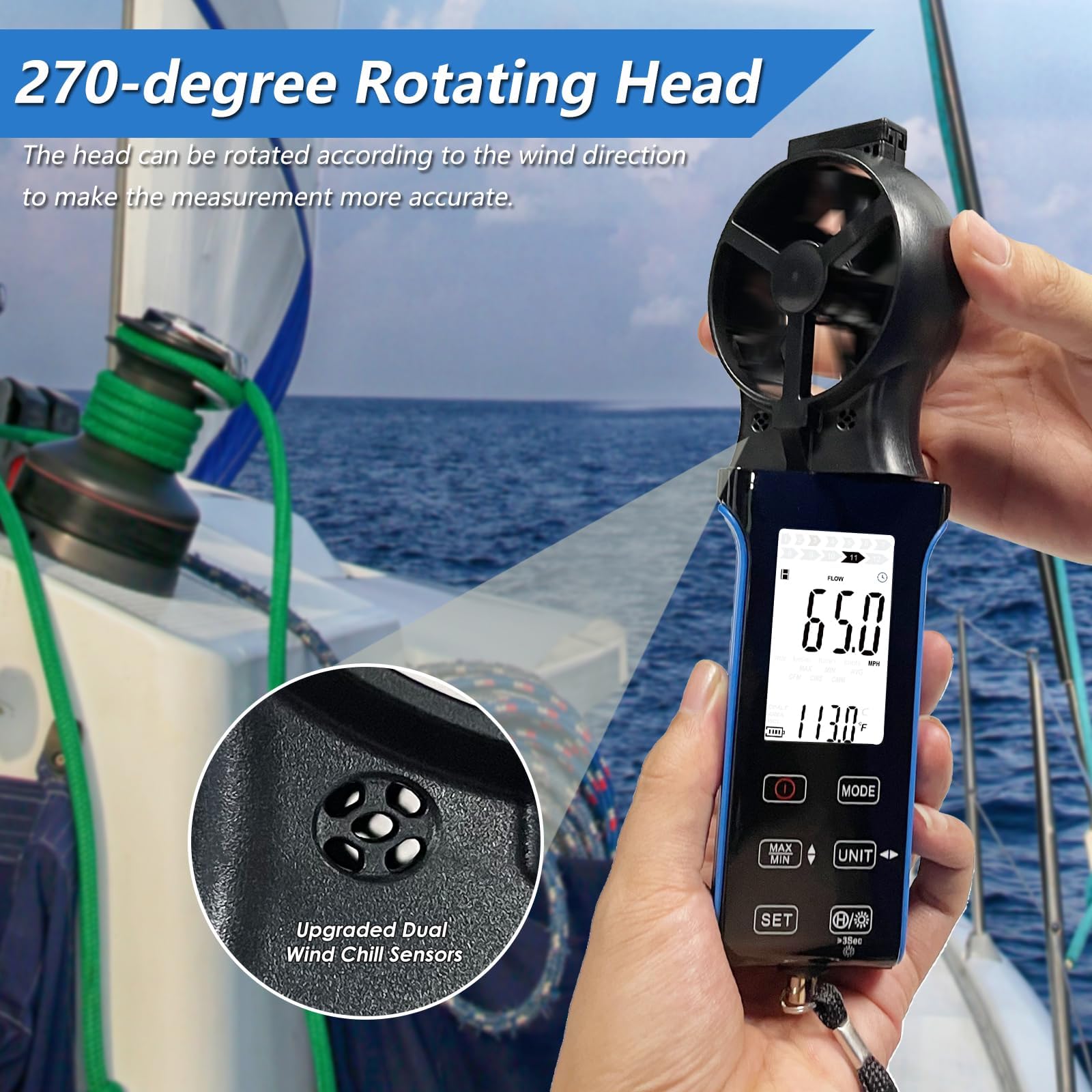 Digital Anemometer CFM CMM CMS Luftstrom-Geschwindigkeitsmesser LCD Hintergrundbeleuchtet Windgeschwindigkeit Windtemperatur HLK Windmesser 270° drehbarer Sensor