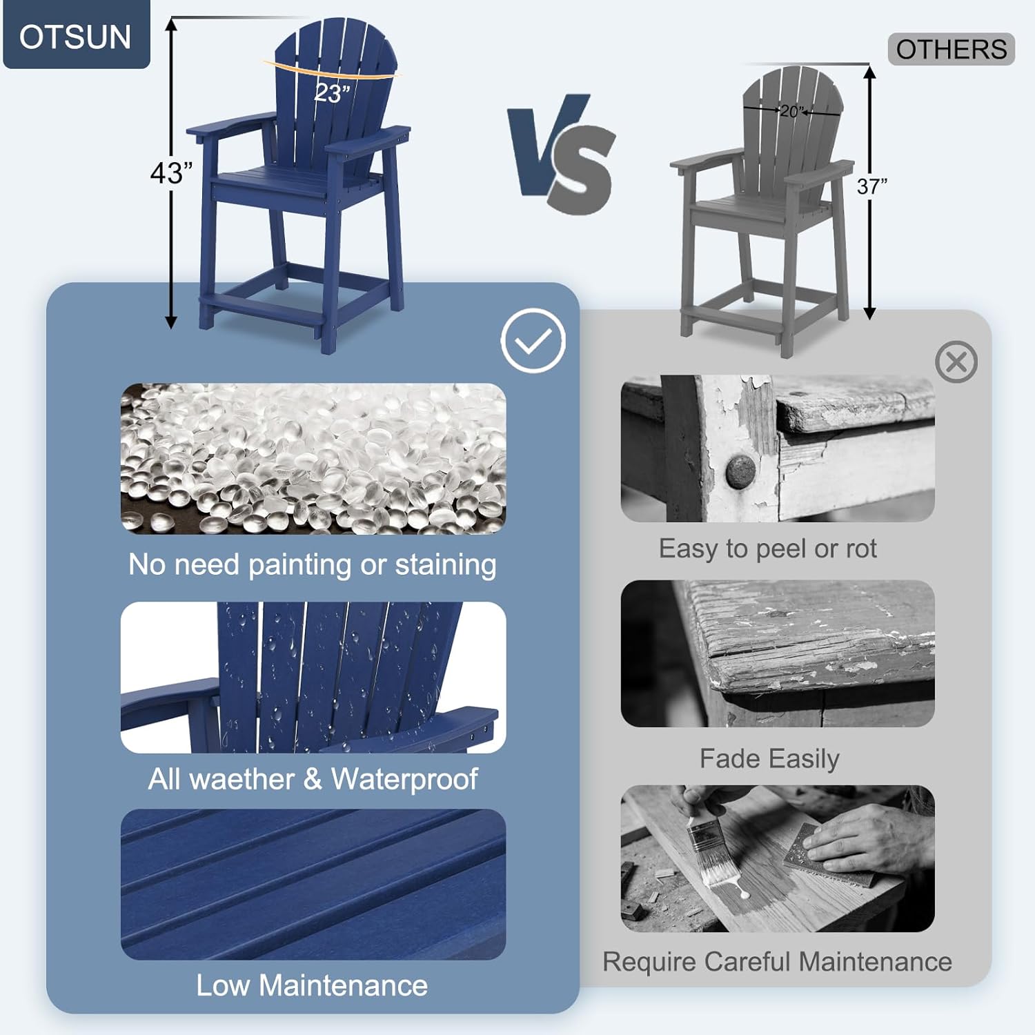 OTSUN Tall Adirondack Chairs Set of 4, HDPE Bar Height Outdoor Chairs, Adirondack Bar Stools for Patio Balcony & Porch