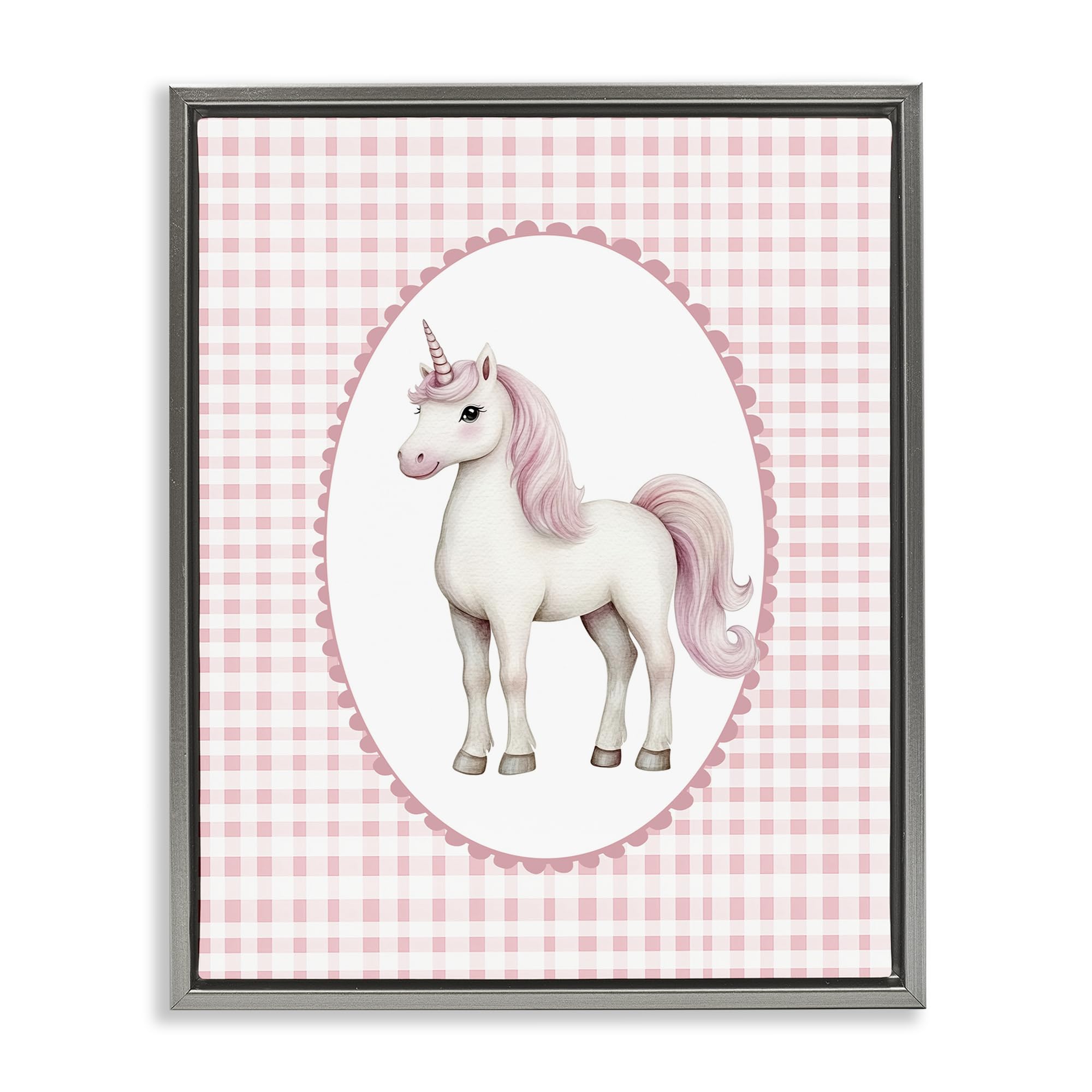 Stupell Industries 'Pink Gingham Unicorn', Floating Frame Canvas Art, Gray, 25 x 31 Inches, Easy to Hang and Sturdy, Made in USA, by Christine Simpson Art