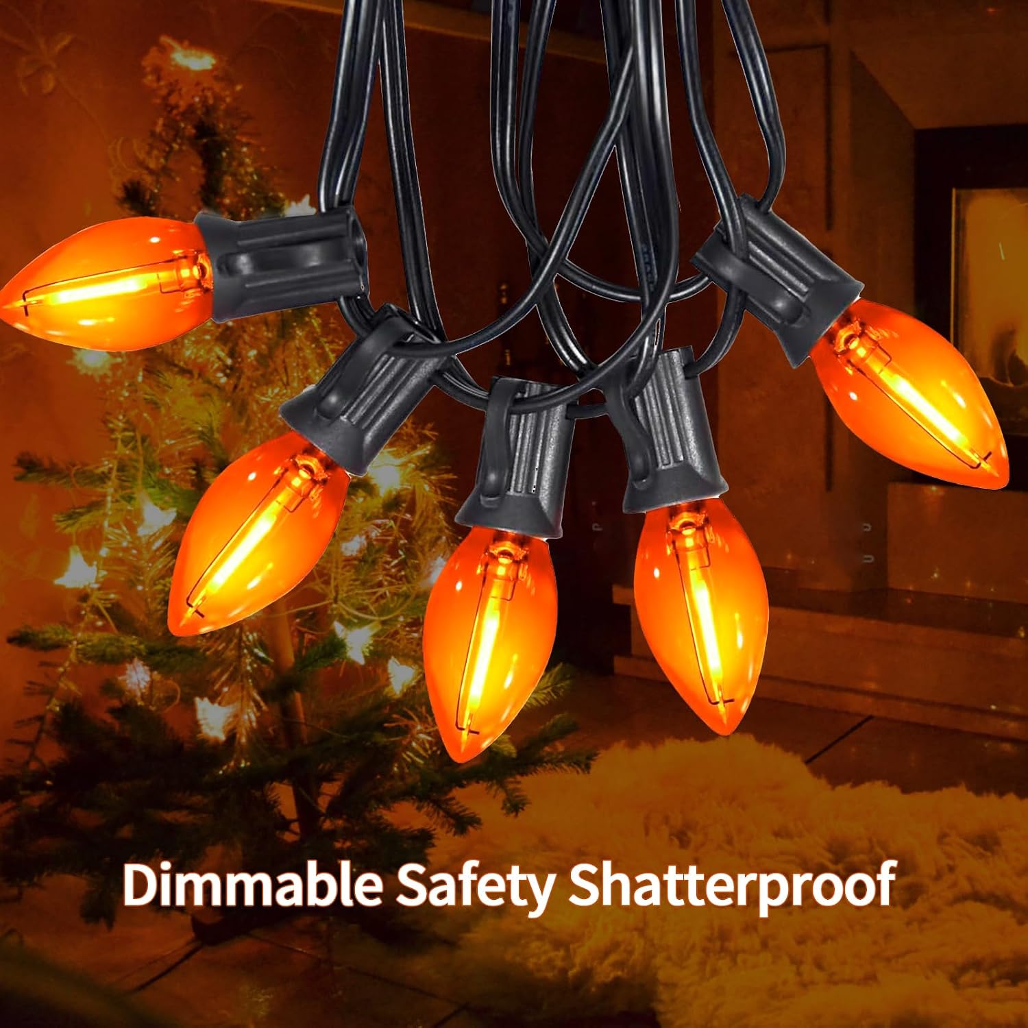 25FT C7 Orange LED String Lights, Black Wire Outdoor Halloween | IP44 Waterproof & Shatterproof, End-to-End Connectable, Perfect for Patio, Porch, Railing, Party or Holiday Decor