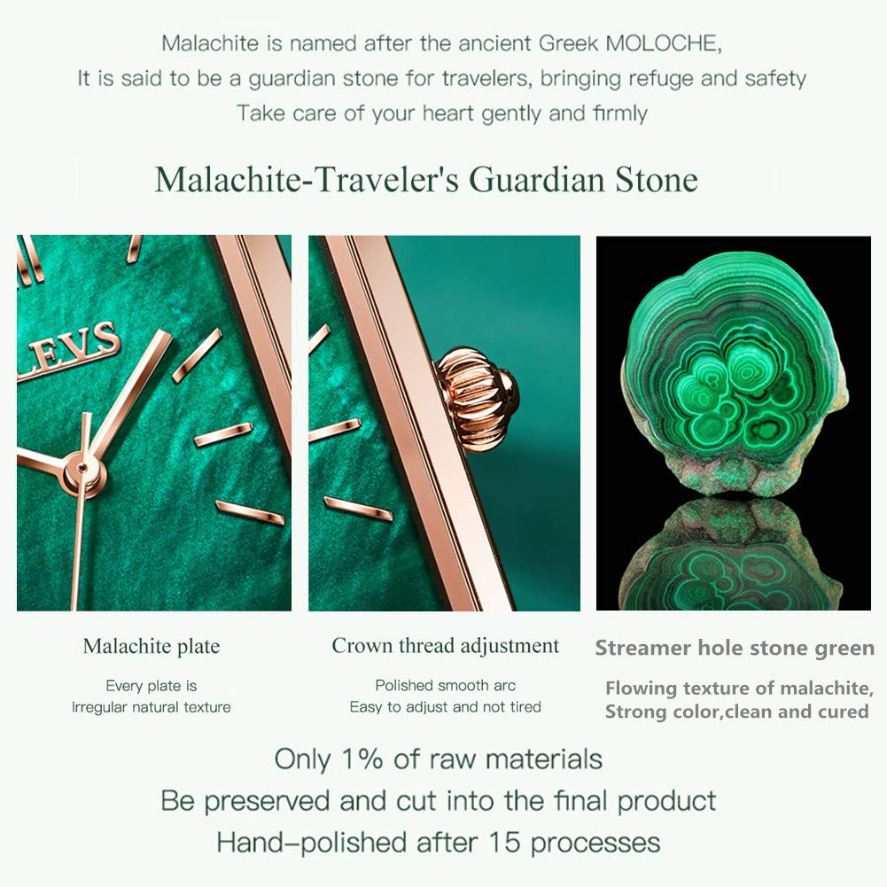 OLEVS Fashion Square Leather Black Watches for Women Green Stone Square Retro Watch Ladies Gold Analog Quartz Watches for Women Classic Green Face Womens Watch