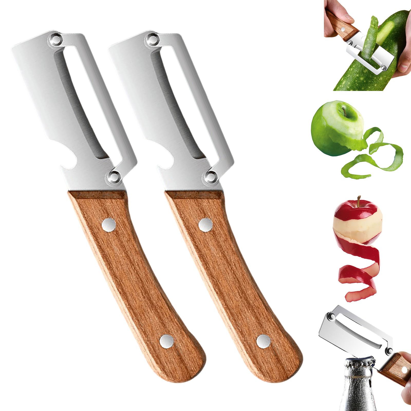 Pelador de patatas de acero inoxidable y madera natural con abridor integrado sutil