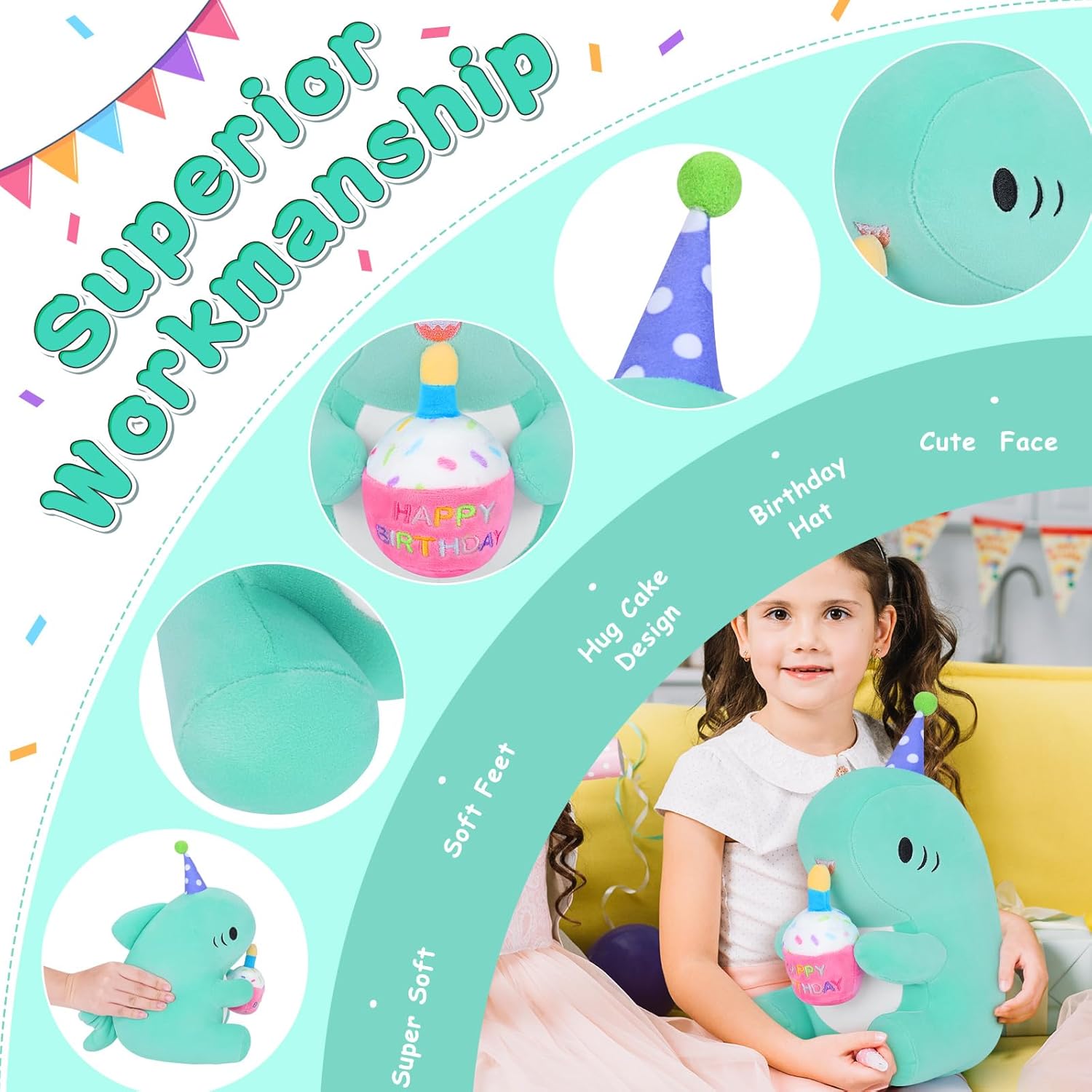 Auspicious beginning Birthday Gift Shark Plush Stuffed Animal, 11.8'' Kawaii Soft Birthday Shark Plush Toys with Holding Cute Cake Gift for Girls Boys, Children's Day, Anniversary - Image 3