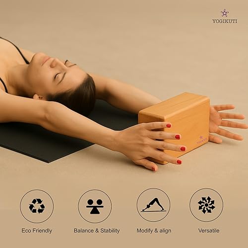 Miniatura 5 de Yogikuti Bloque de yoga de madera maciza, ecológico, duradero, antideslizante, ideal para estabilidad, equilibrio y apoyo en la práctica de yoga
