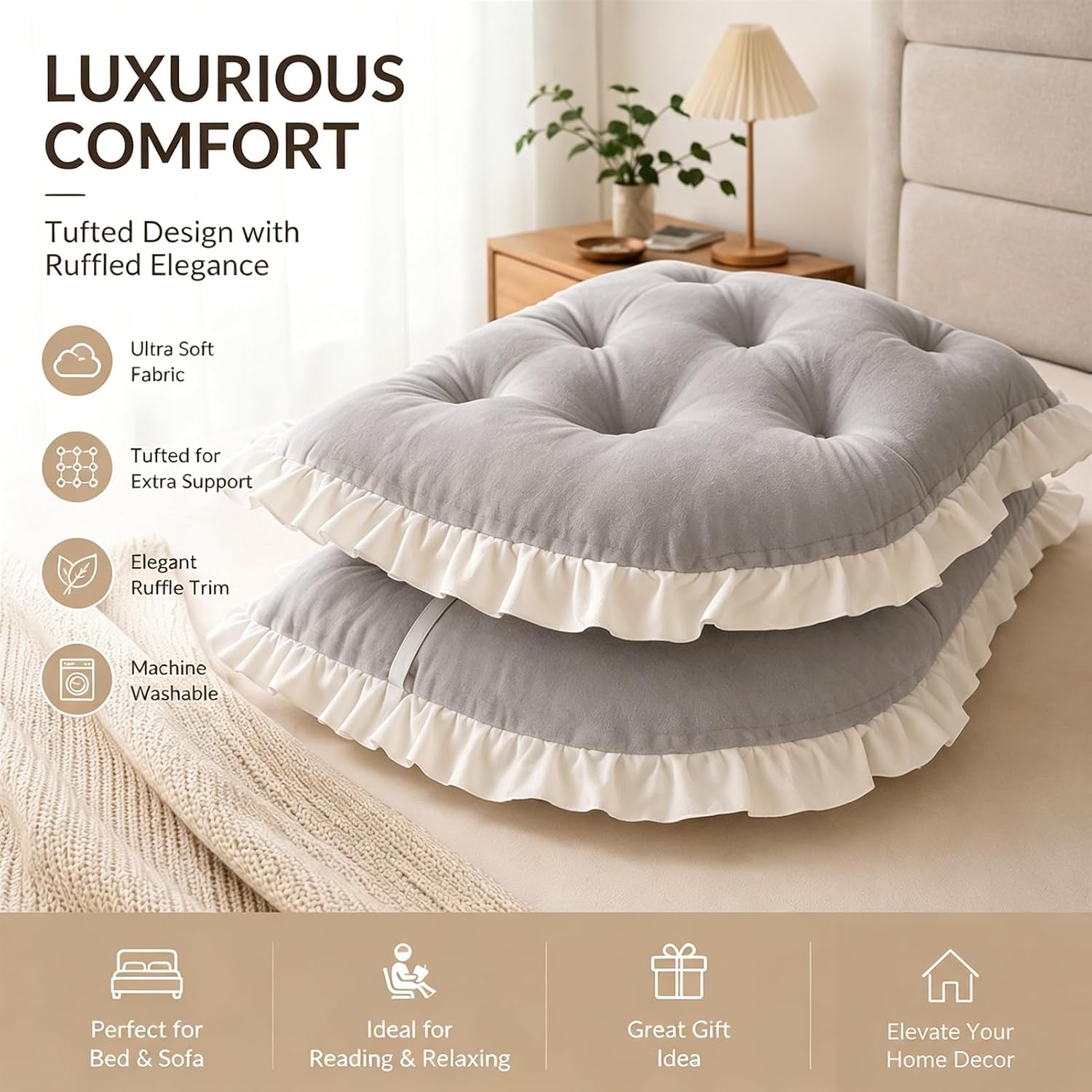 College Dorm Bed Bolster Pillow - Ruffled Tufted Headboard Cushion for Sitting in Bed, Velvet Long Reading Backrest Support Positioning Pillow (Silver Gray, Twin 35.4"x19.7"x2")